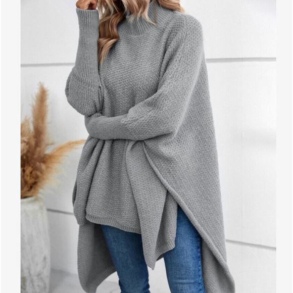 Cozy Mock Neck Dolman Sleeve High Low Hem Sweater Cape - Picture 6 of 6